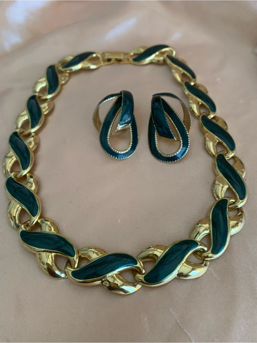 Gold Tone Necklace and Clip-On Earrings with Dark Teal Enamel Accents